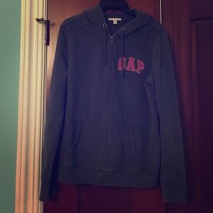 Gray Gap zip up hoodie with magenta lettering