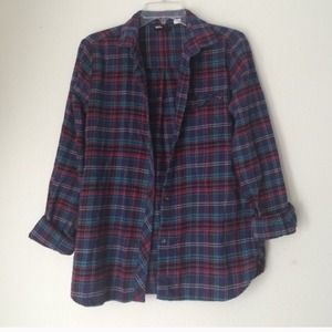 BDG Navy Plaid Flannel Blouse