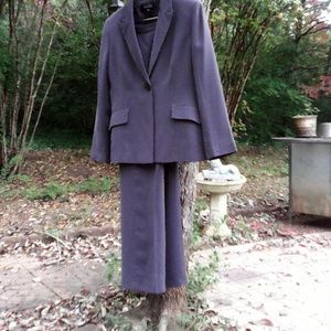 Gray pant suit.