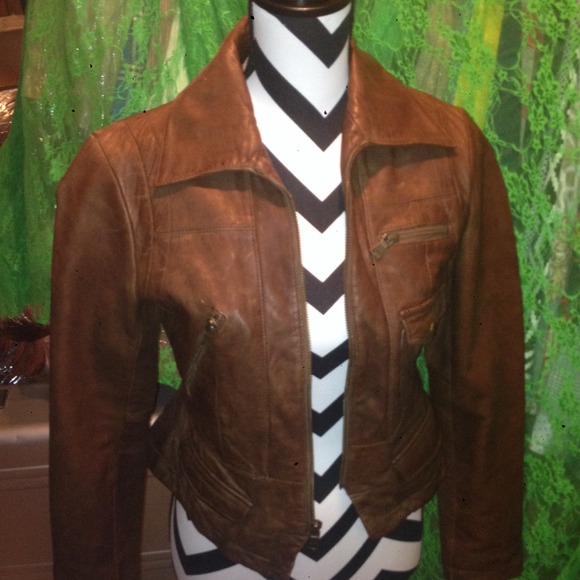Banana Rep Dark Tan Genuine Leather fitted jacket - Picture 1 of 4