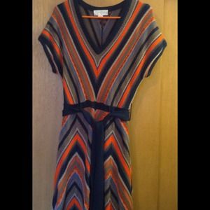 Orange and Navy V-Neck Sweater Dress