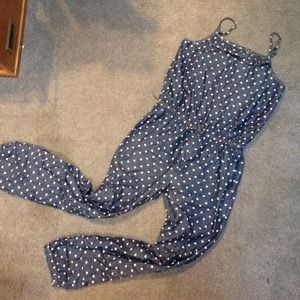 Denim Long Romper with White Hearts