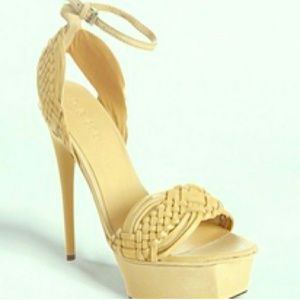 Tan woven platform leather heels
