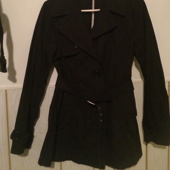 Black raincoat/pea coat. Light weight.