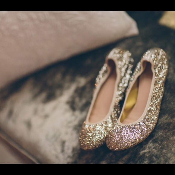 Gold glitter J Crew flats.
