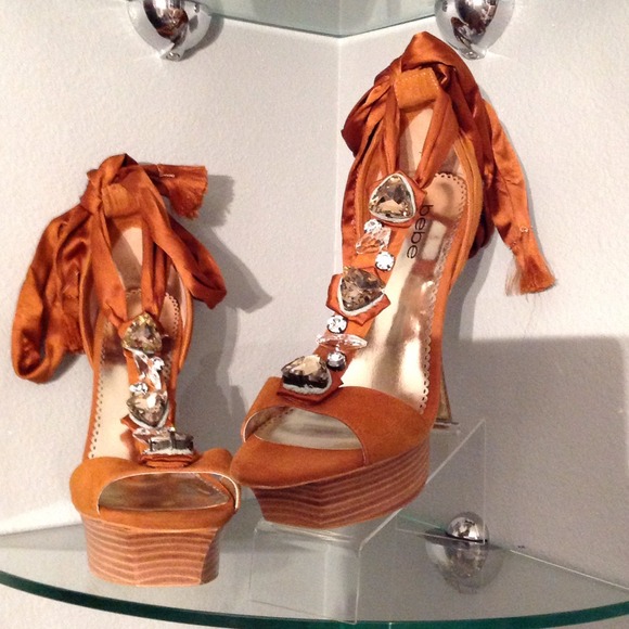 BeBe Cognac Rhinestone Satin Wrap Heel Size 10