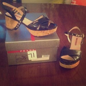 Authentic Prada paten leather cork sandals