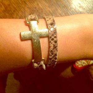 Gold cross wrap bracelet with snakeskin strap