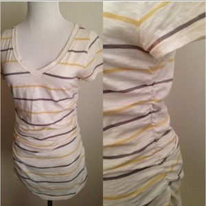 Yellow, beige, and gray v neck t shirt