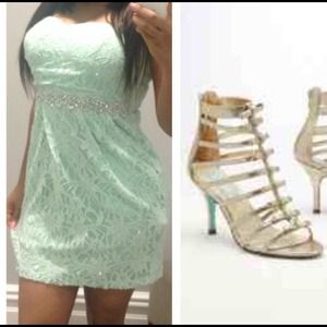 Short Strapless Lace Dress with Sequin Waist