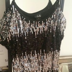 Black and white sequin shirt off shoulder