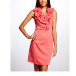 JONATHAN MARTIN Faux Ruffle Wrap Dress. Coral.