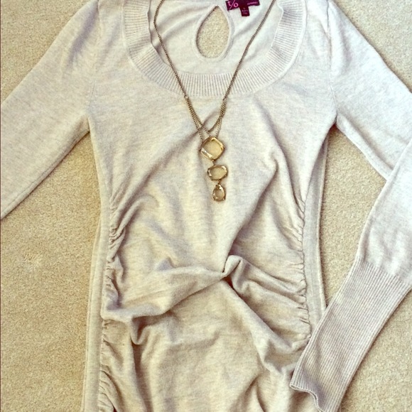 Long-sleeve tan colored sweater dress