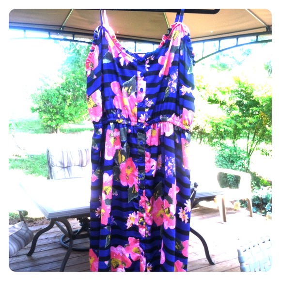 Purple striped dress w/ floral pattern