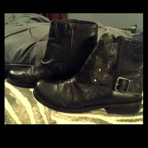 Black leather buckle booties