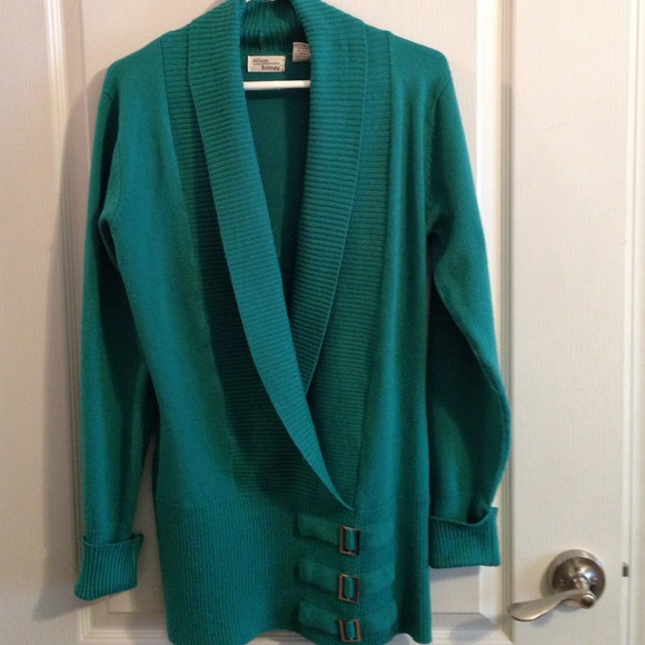 Long teal color sweater with buckle accents