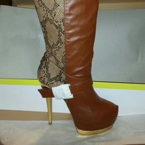 Brown gold high heel boots