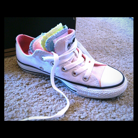 White/Neon Multi-Tongue Converse