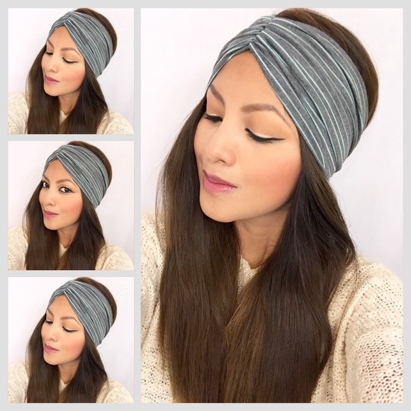 mercedesbandz Accessories - Scrunch turban headband in grey/mint stripes
