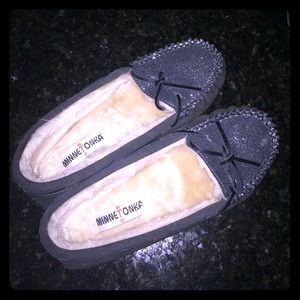 Gray, Sparkly Minnetonka moccasins