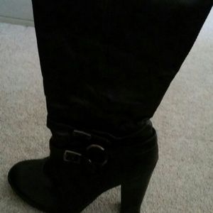 Black knee high leather heel boots