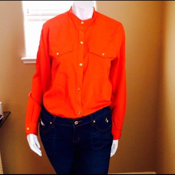 Orange button down - mock neck shirt gold buttons