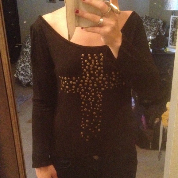 Black long sleeve studded gold cross tee