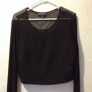 Black Mesh Long-Sleeve Cropped Top