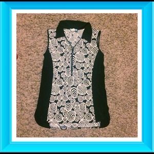 Black and white sleeveless blouse