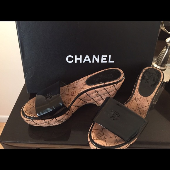 Chanel black patent. Wedges