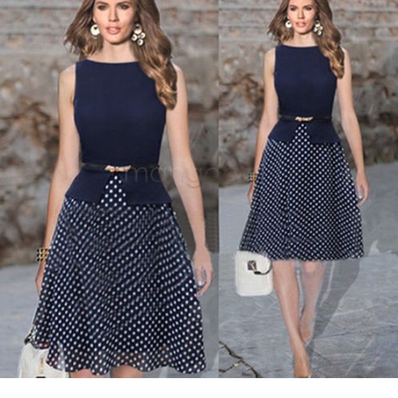 Polka dot navy blue chiffon dress