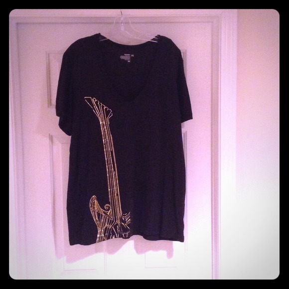 Black V-neck T-shirt w/ gold guitar graphic
