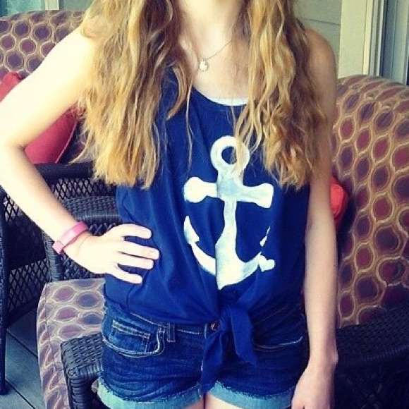 Blue handmade anchor tie-front tank top