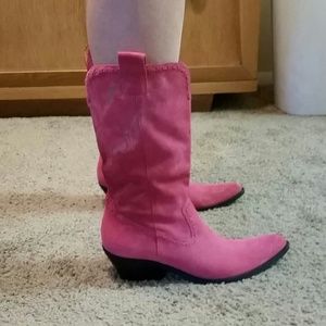 Bright pink suede cowgirl boots