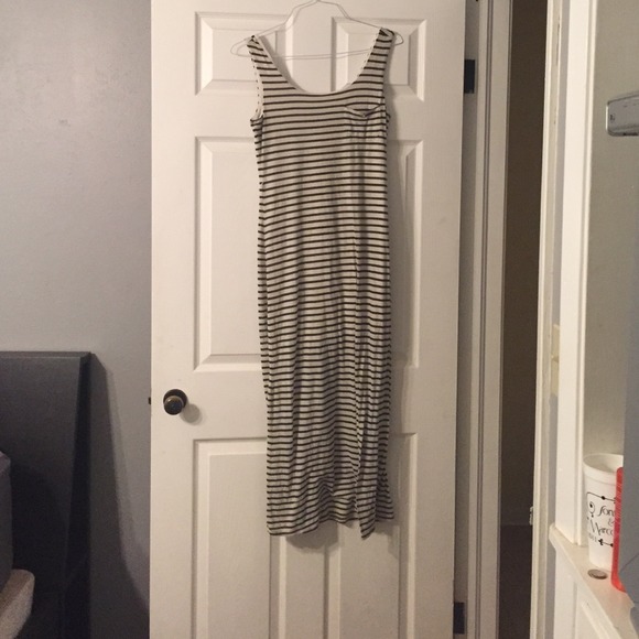Long green and cream striped maxi dress