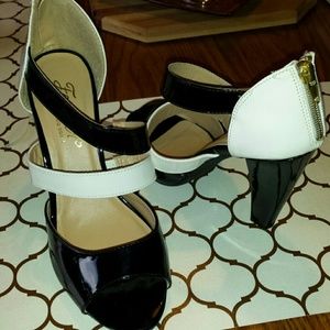 Black and white open toe heels