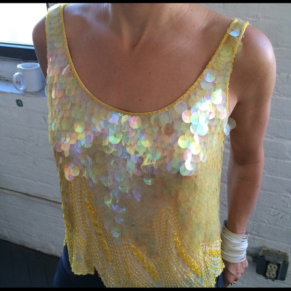 Vintage Sequin Yellow Shirt Top Blouse M - Picture 2 of 4