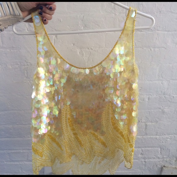 Vintage Sequin Yellow Shirt Top Blouse M - Picture 3 of 4
