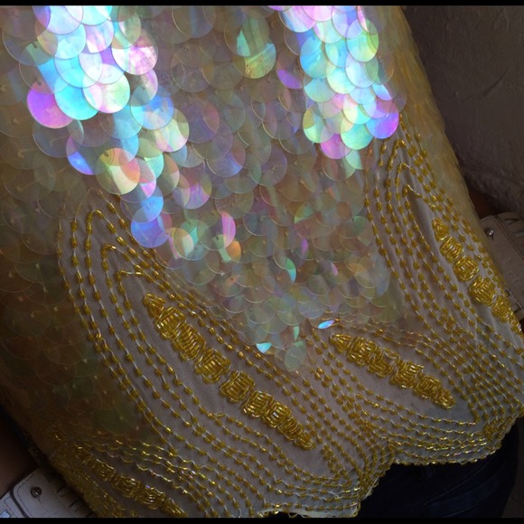Vintage Sequin Yellow Shirt Top Blouse M - Picture 4 of 4