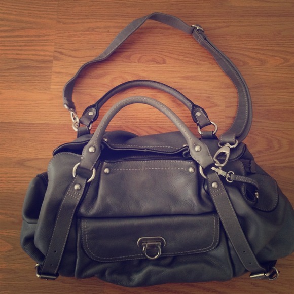 Gray leather purse.