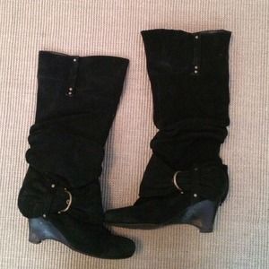 Black Suede Wedge Boots with Bow Buckles