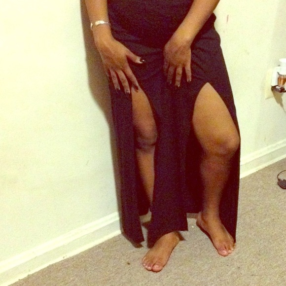 Black high waist double split maxi skirt