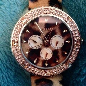 Womens Express Pave Bezel Leopard Leather Watch