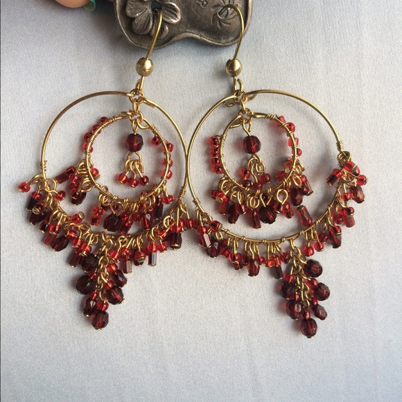 Jewelry - Ruby Red Chandelier Beaded 3"Earrings