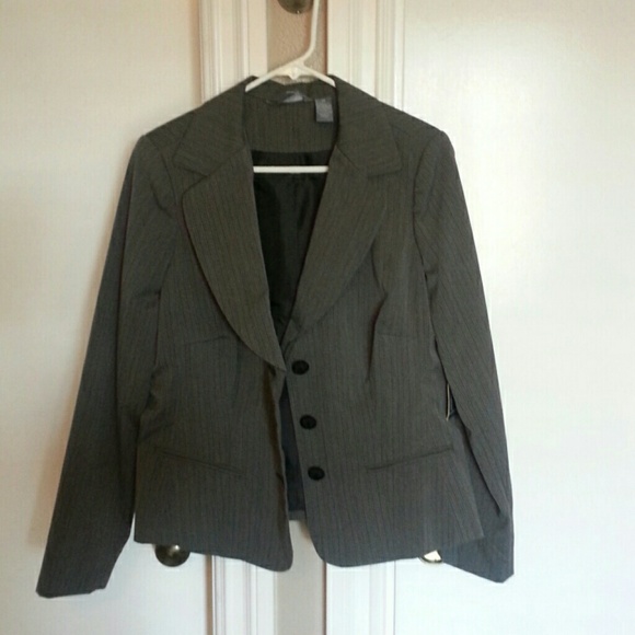 Black and gray pinstripe career coat
