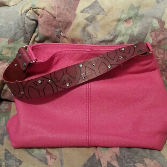 Hot pink kk handbag w.peace sign strap.Katie kalsi