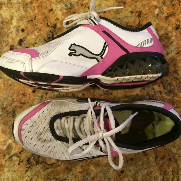 Puma cell running shoes- white, pink and black