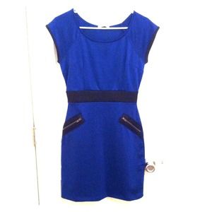 Blue and black dress with zipper faux pockets