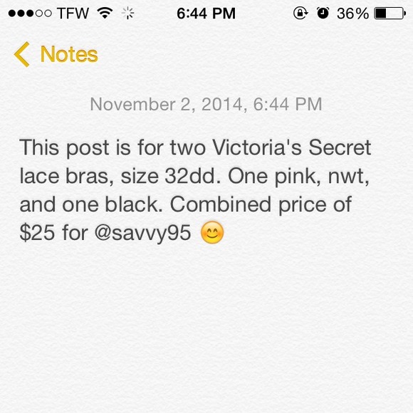 Two VS bras for @savvy95. Bundled $25.