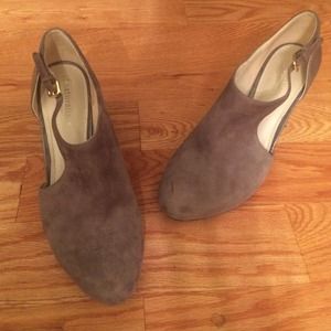 Gray suede patent leather cut out booties